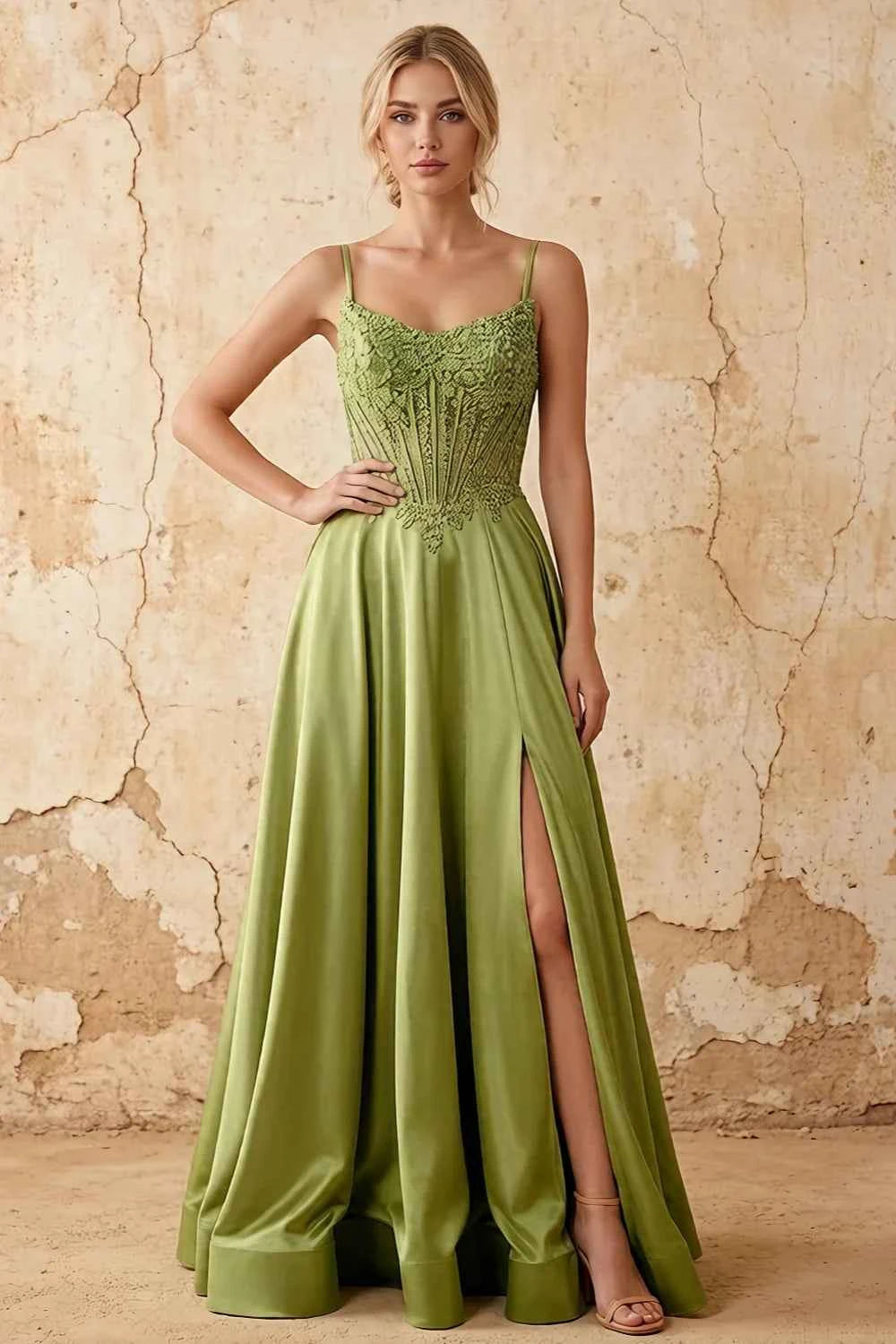 Joy Olive Green Satin Beading Detachable Straps Maxi Dress