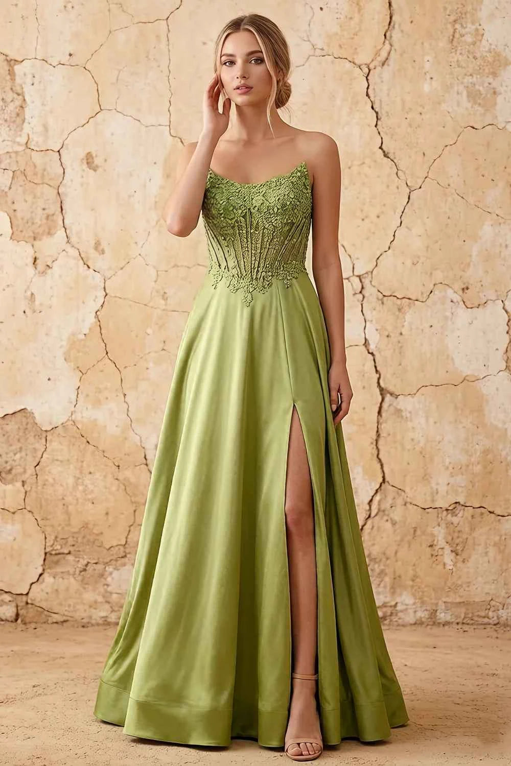 Joy Olive Green Satin Beading Detachable Straps Maxi Dress