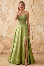 Joy Olive Green Satin Beading Detachable Straps Maxi Dress