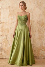 Joy Olive Green Satin Beading Detachable Straps Maxi Dress