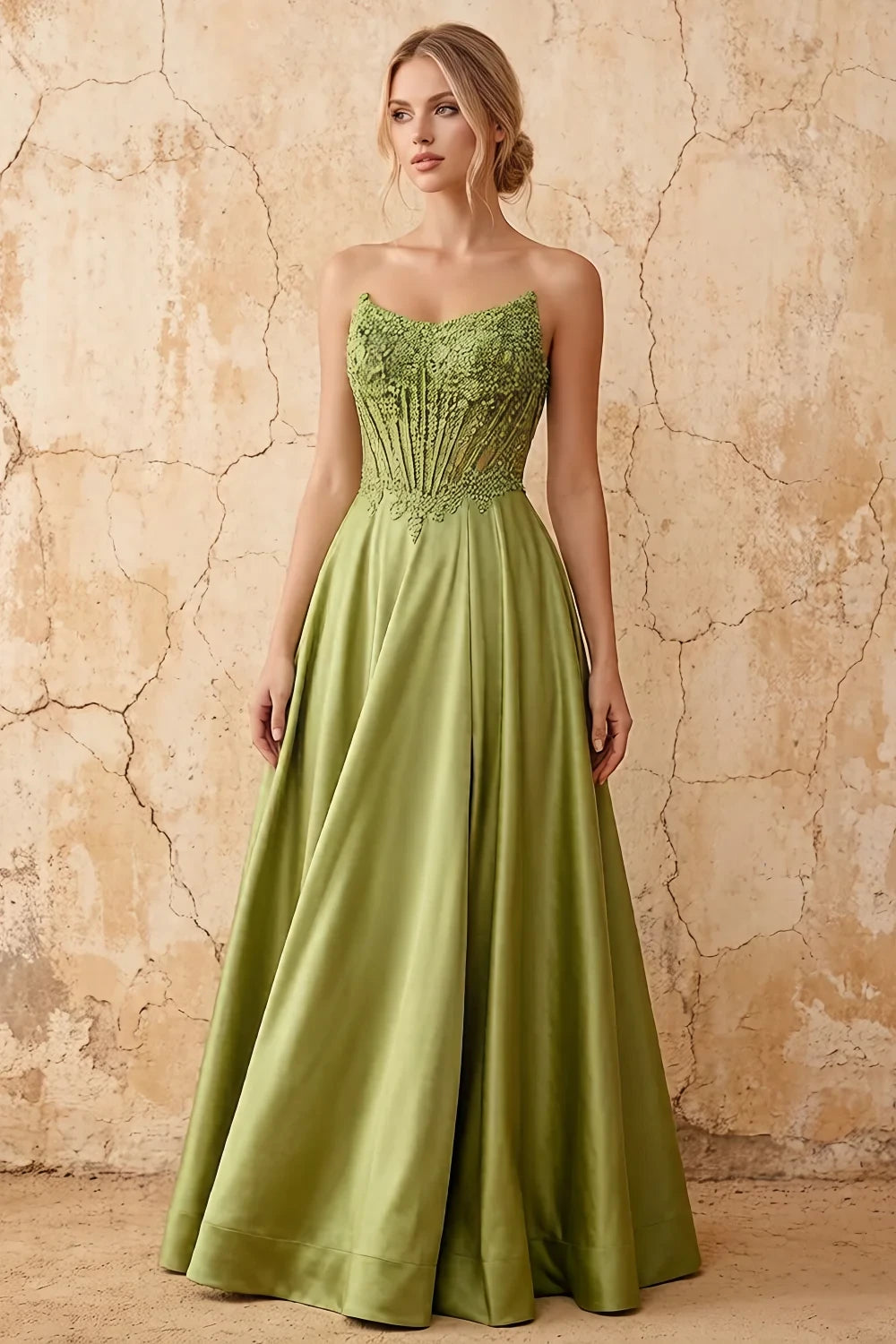Joy Olive Green Satin Beading Detachable Straps Maxi Dress