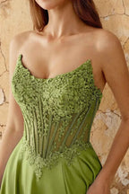 Joy Olive Green Satin Beading Detachable Straps Maxi Dress