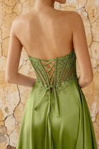 Joy Olive Green Satin Beading Detachable Straps Maxi Dress
