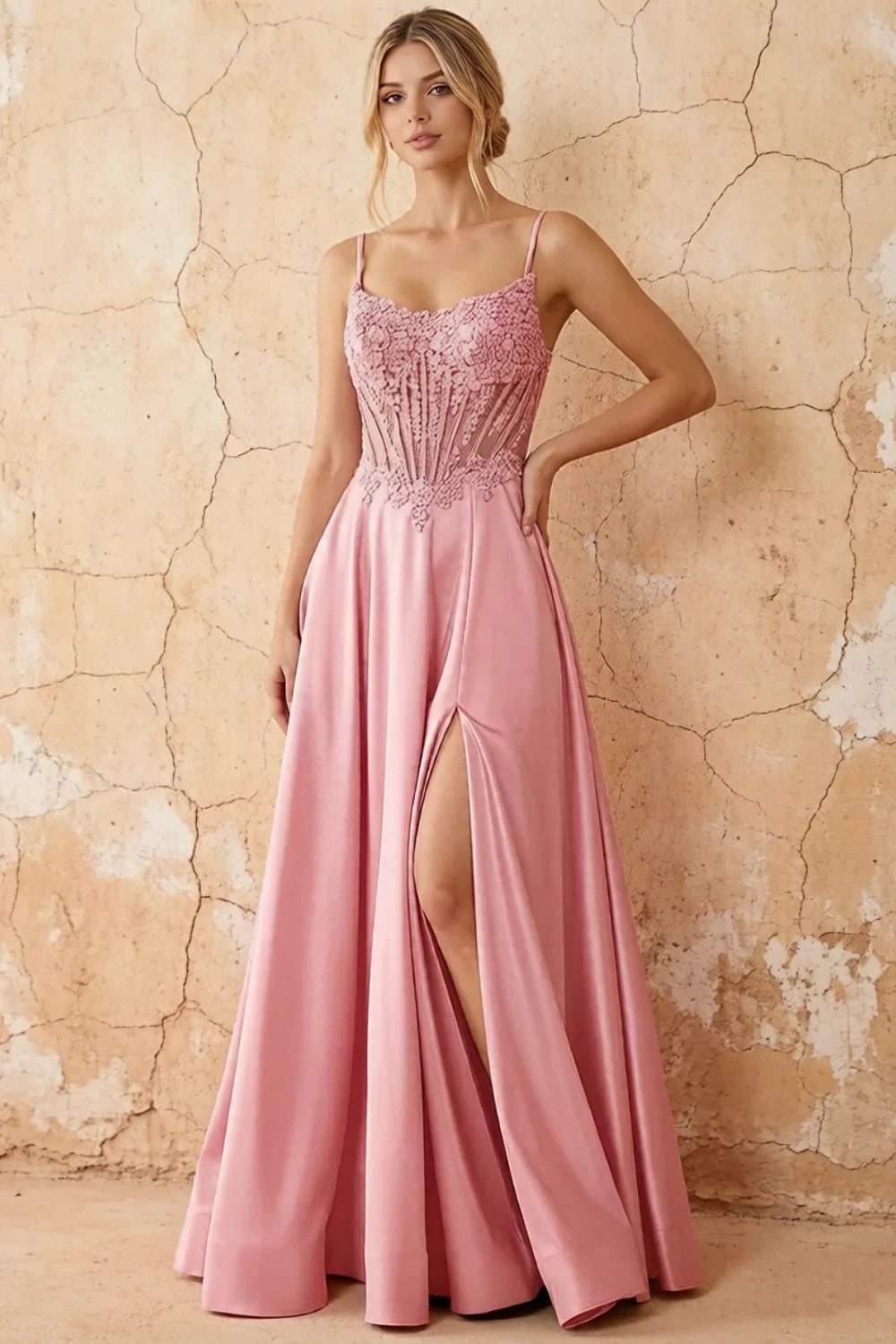 Joy Pink Satin Beading Detachable Straps Maxi Dress Main image