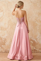 Joy Pink Satin Beading Detachable Straps Maxi Dress