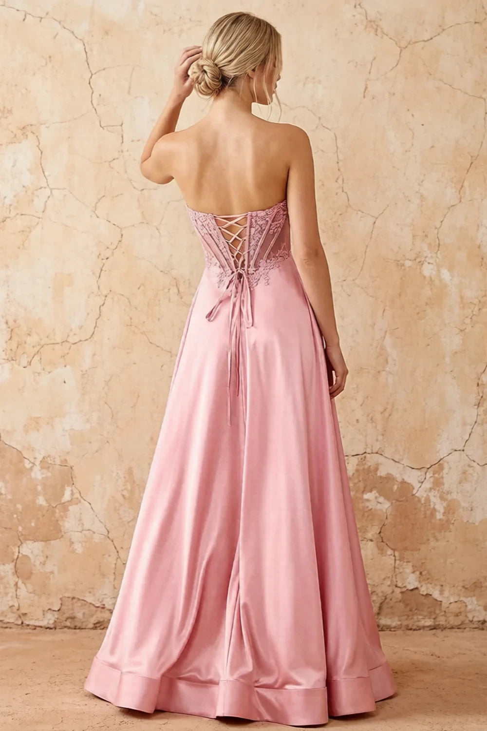 Joy Pink Satin Beading Detachable Straps Maxi Dress