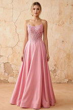Joy Pink Satin Beading Detachable Straps Maxi Dress