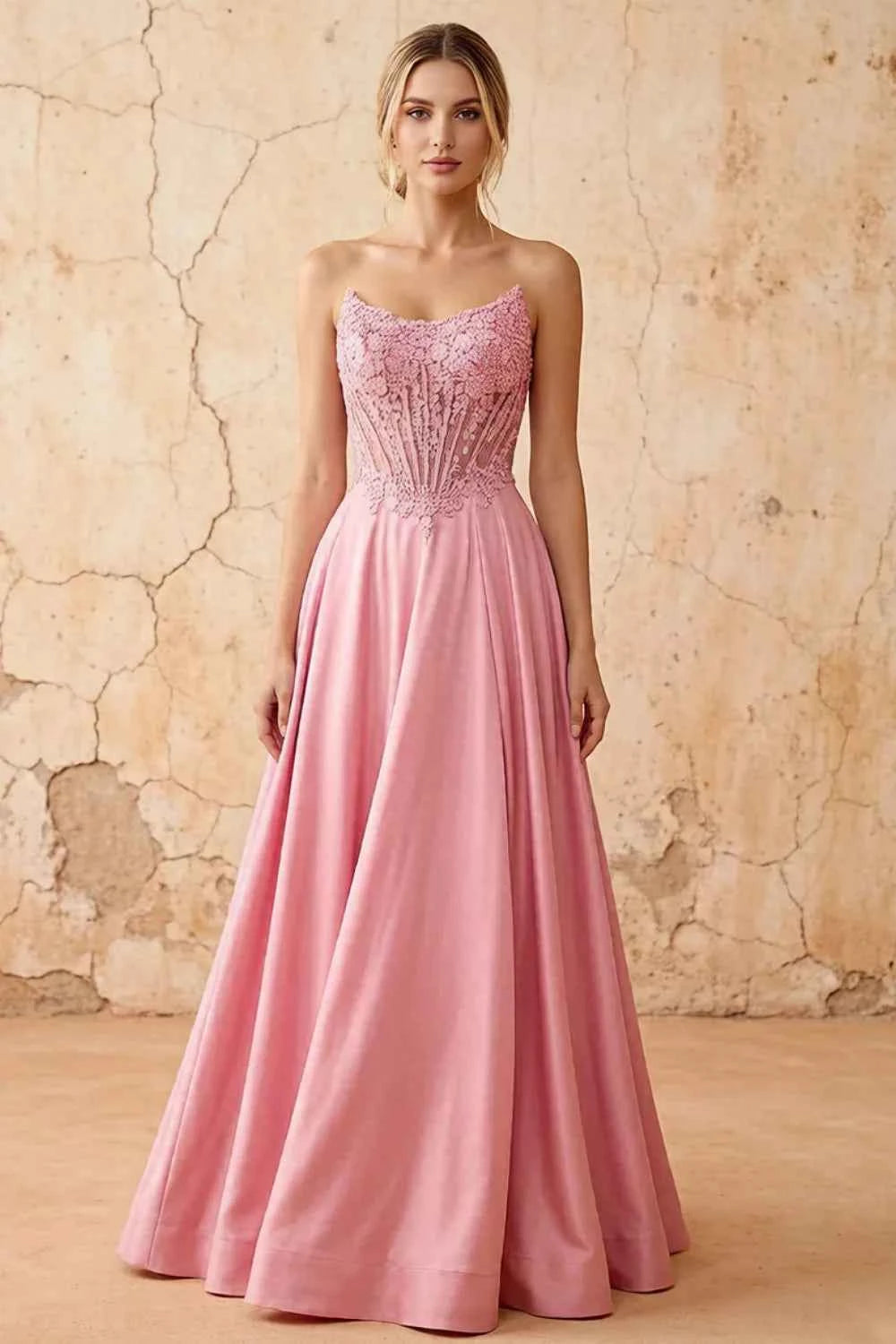 Joy Pink Satin Beading Detachable Straps Maxi Dress