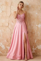 Joy Pink Satin Beading Detachable Straps Maxi Dress
