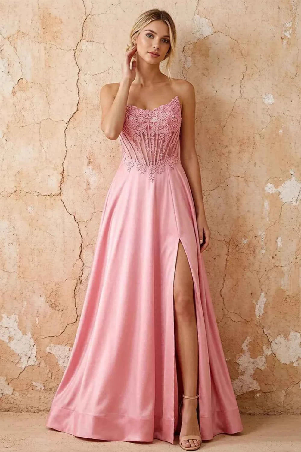 Joy Pink Satin Beading Detachable Straps Maxi Dress