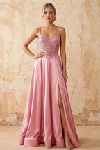 Joy Pink Satin Beading Detachable Straps Maxi Dress