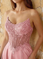 Joy Pink Satin Beading Detachable Straps Maxi Dress