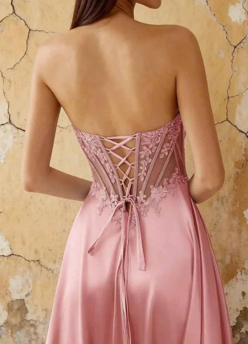Joy Pink Satin Beading Detachable Straps Maxi Dress
