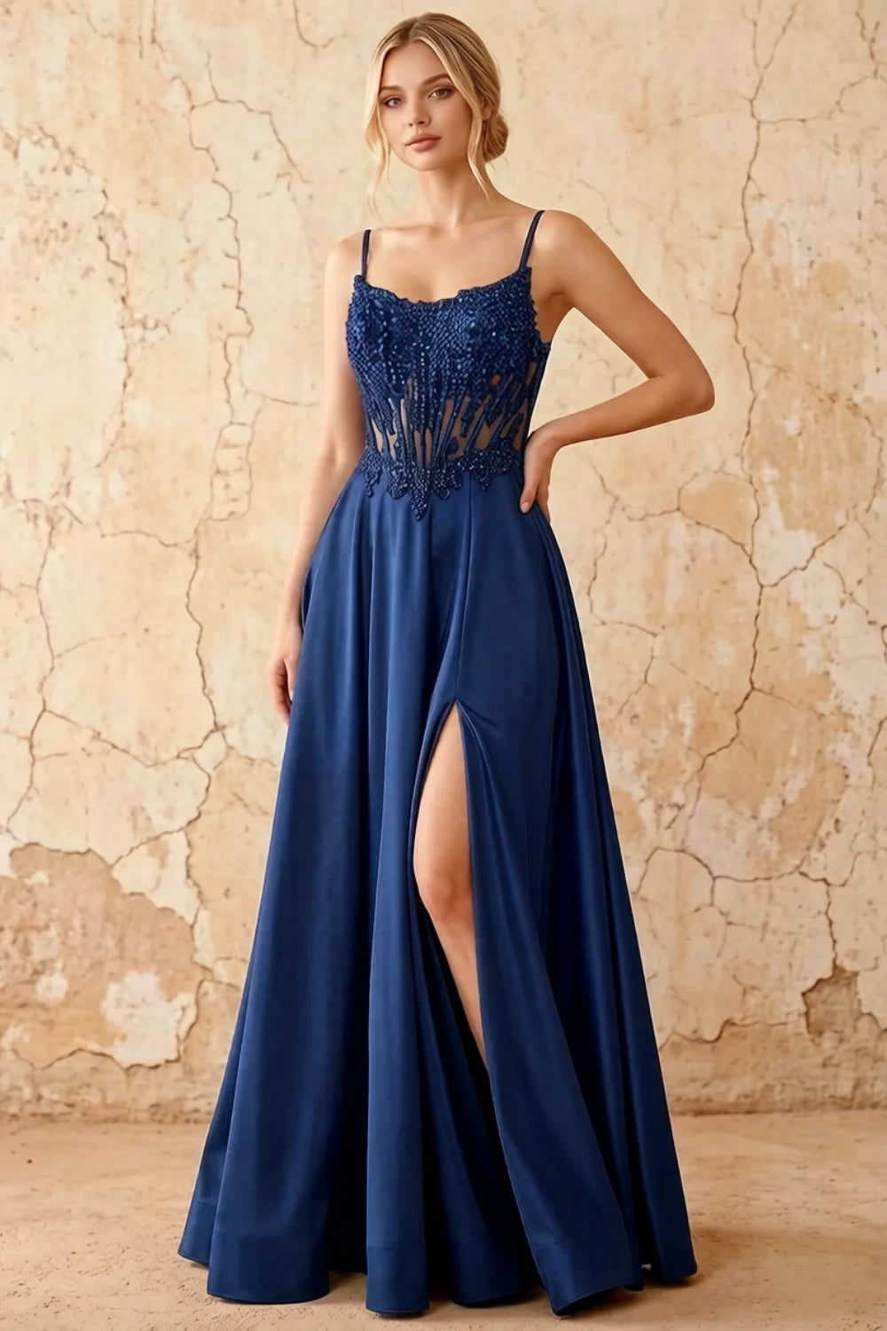 Joy Royal Blue Satin Beading Detachable Straps Maxi Dress Main image