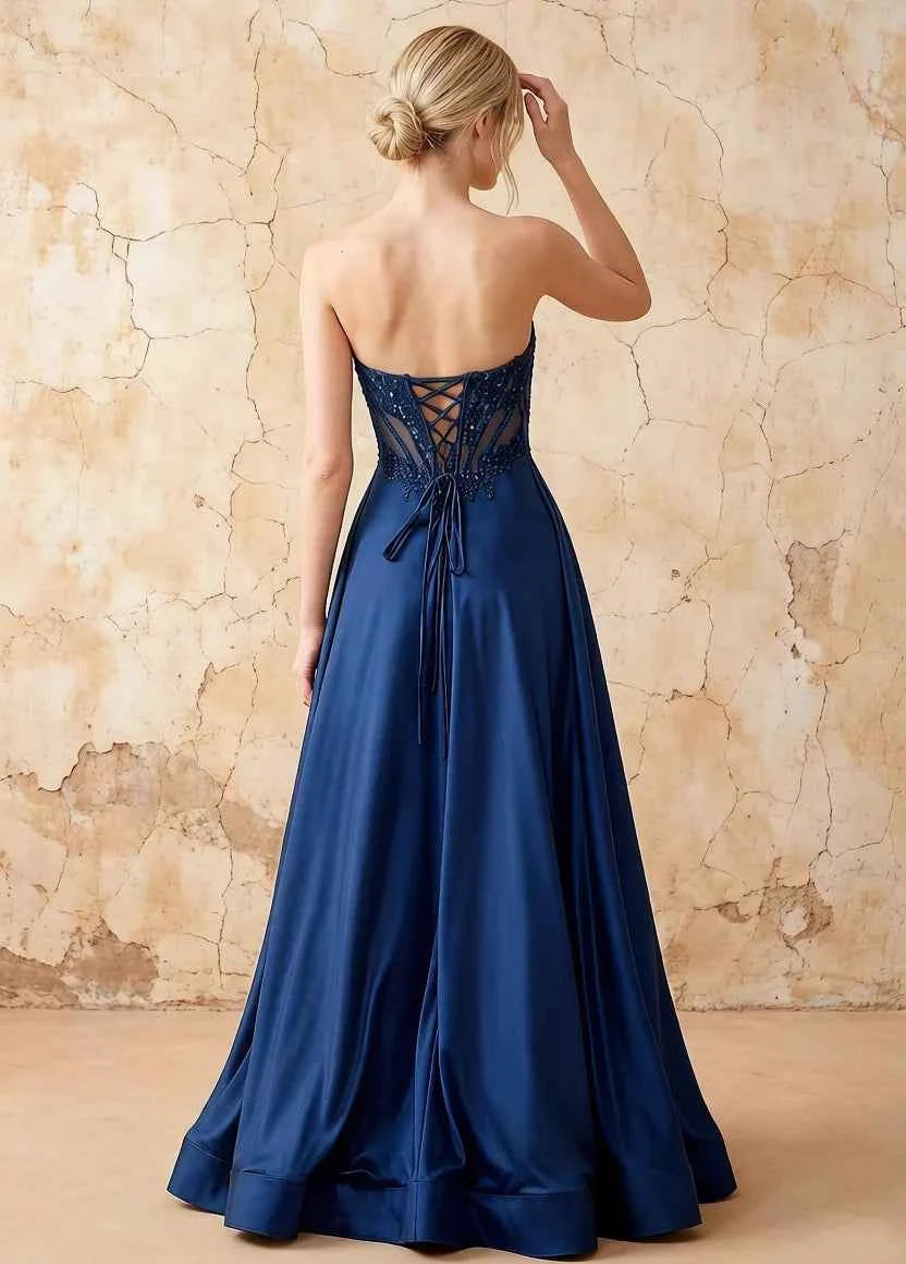 Joy Royal Blue Satin Beading Detachable Straps Maxi Dress