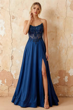 Joy Royal Blue Satin Beading Detachable Straps Maxi Dress