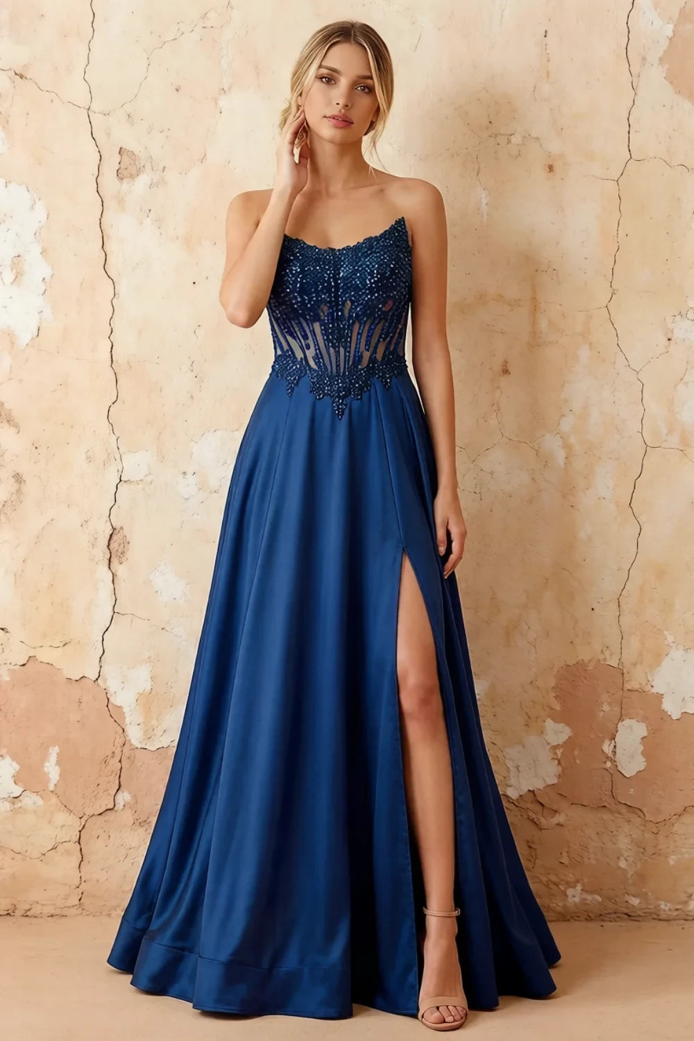 Joy Royal Blue Satin Beading Detachable Straps Maxi Dress