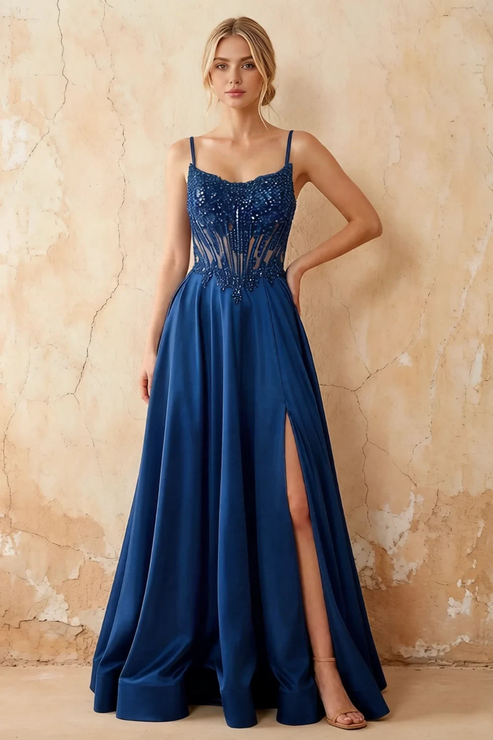 Joy Royal Blue Satin Beading Detachable Straps Maxi Dress
