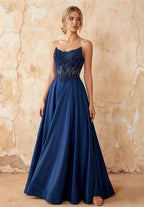 Joy Royal Blue Satin Beading Detachable Straps Maxi Dress
