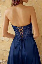 Joy Royal Blue Satin Beading Detachable Straps Maxi Dress