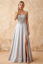 Joy Silver Satin Beading Detachable Straps Maxi Dress