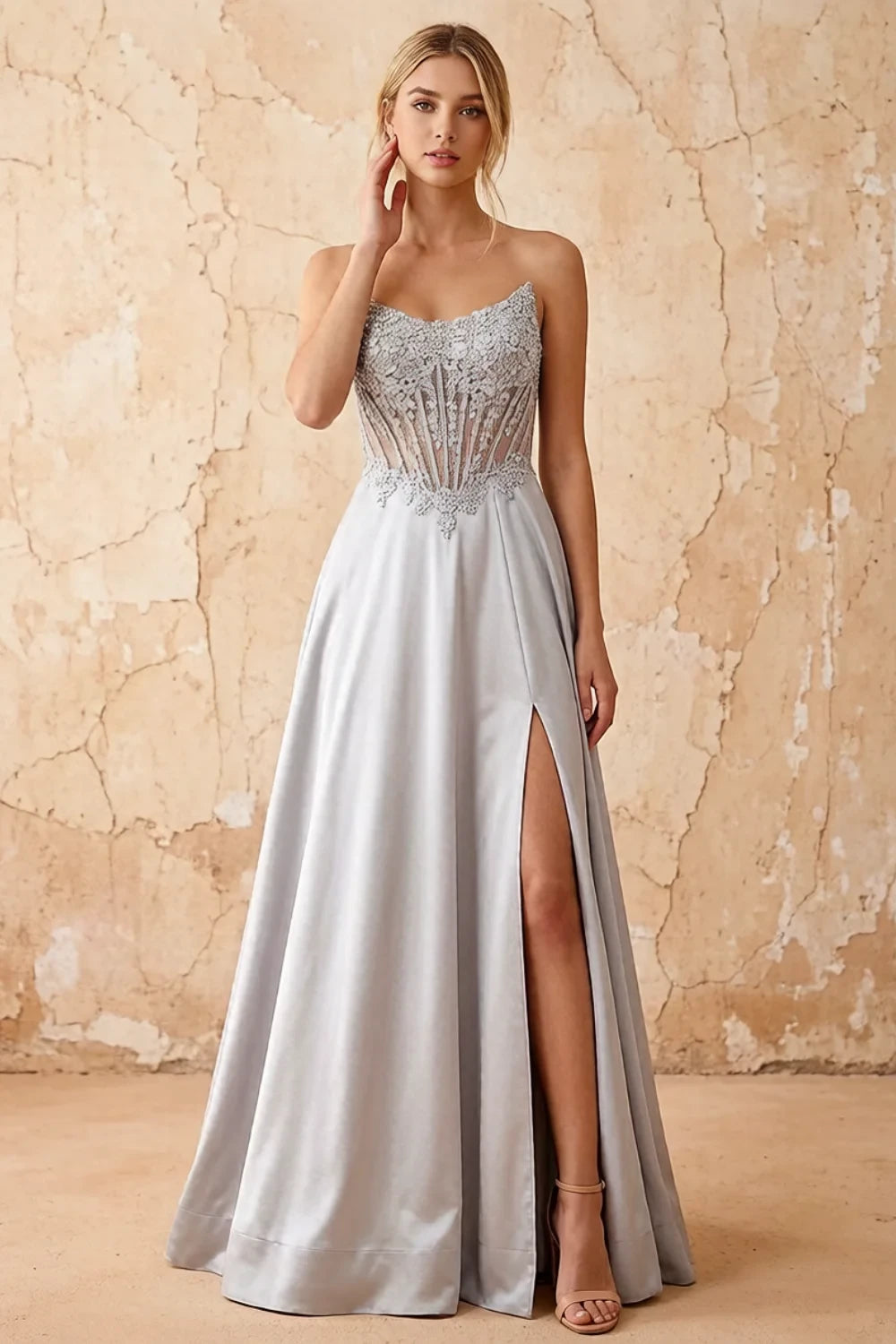 Joy Silver Satin Beading Detachable Straps Maxi Dress