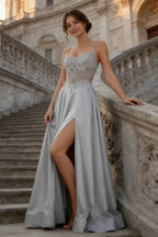 Joy Silver Satin Beading Detachable Straps Maxi Dress