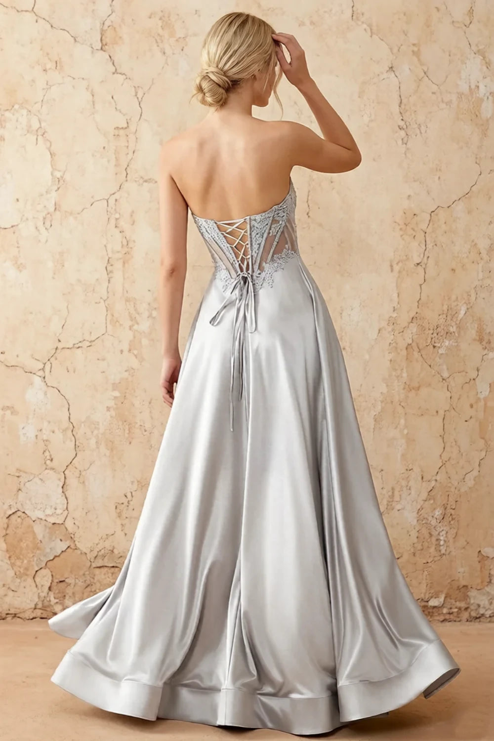 Joy Silver Satin Beading Detachable Straps Maxi Dress