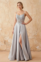 Joy Silver Satin Beading Detachable Straps Maxi Dress