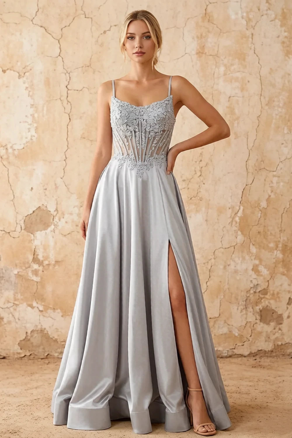 Joy Silver Satin Beading Detachable Straps Maxi Dress