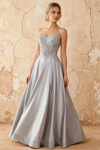 Joy Silver Satin Beading Detachable Straps Maxi Dress