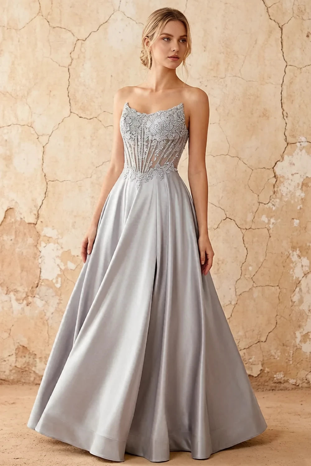 Joy Silver Satin Beading Detachable Straps Maxi Dress
