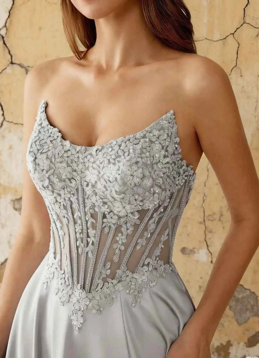 Joy Silver Satin Beading Detachable Straps Maxi Dress