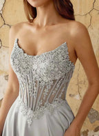 Joy Silver Satin Beading Detachable Straps Maxi Dress