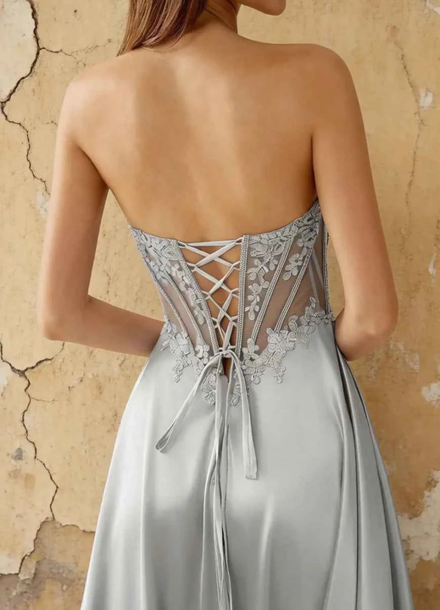 Joy Silver Satin Beading Detachable Straps Maxi Dress