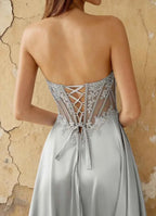Joy Silver Satin Beading Detachable Straps Maxi Dress