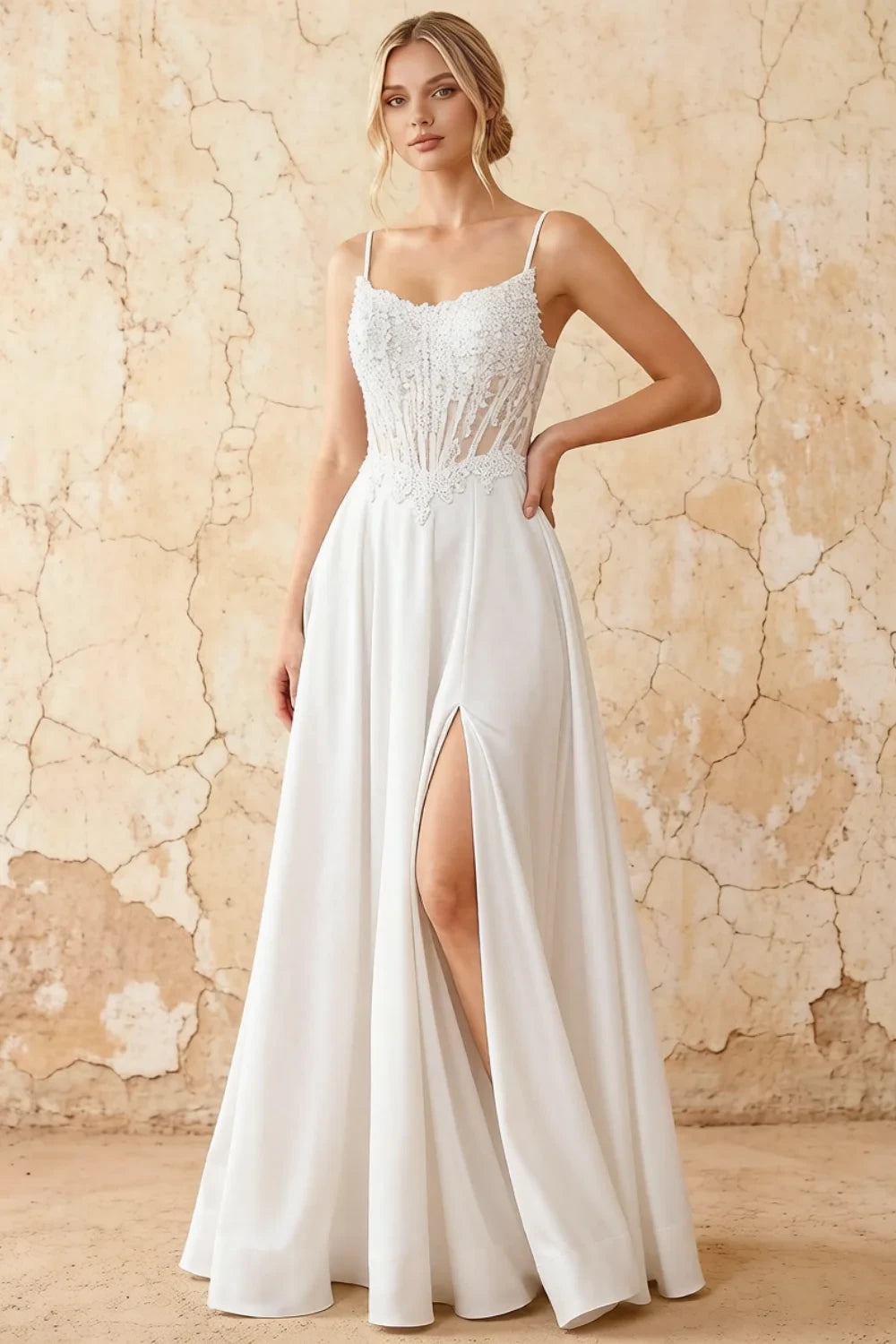 Joy White Satin Beading Detachable Straps Maxi Dress