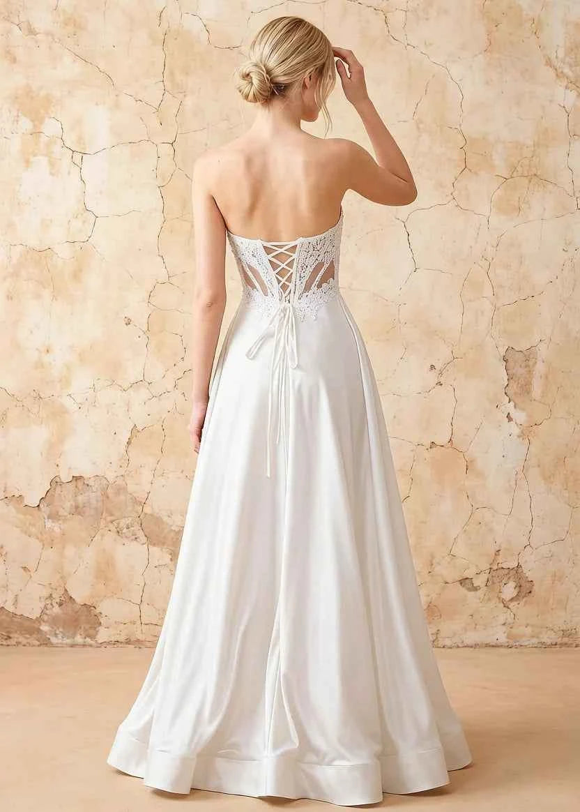 Joy White Satin Beading Detachable Straps Maxi Dress