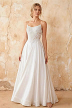 Joy White Satin Beading Detachable Straps Maxi Dress