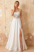 Joy White Satin Beading Detachable Straps Maxi Dress