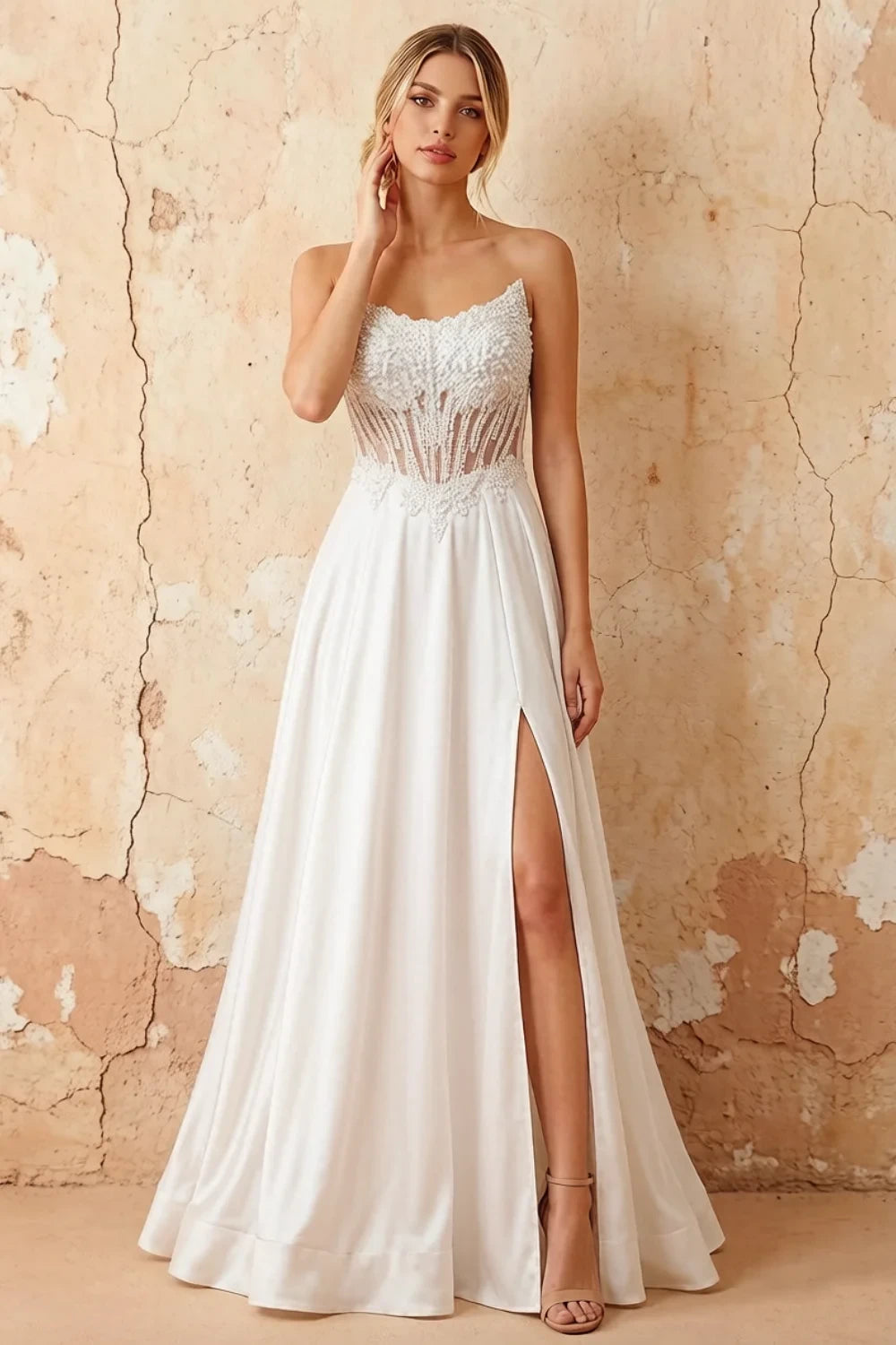 Joy White Satin Beading Detachable Straps Maxi Dress