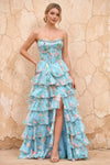 Joyce Blue Floral Print Rhinestone Maxi Dress
