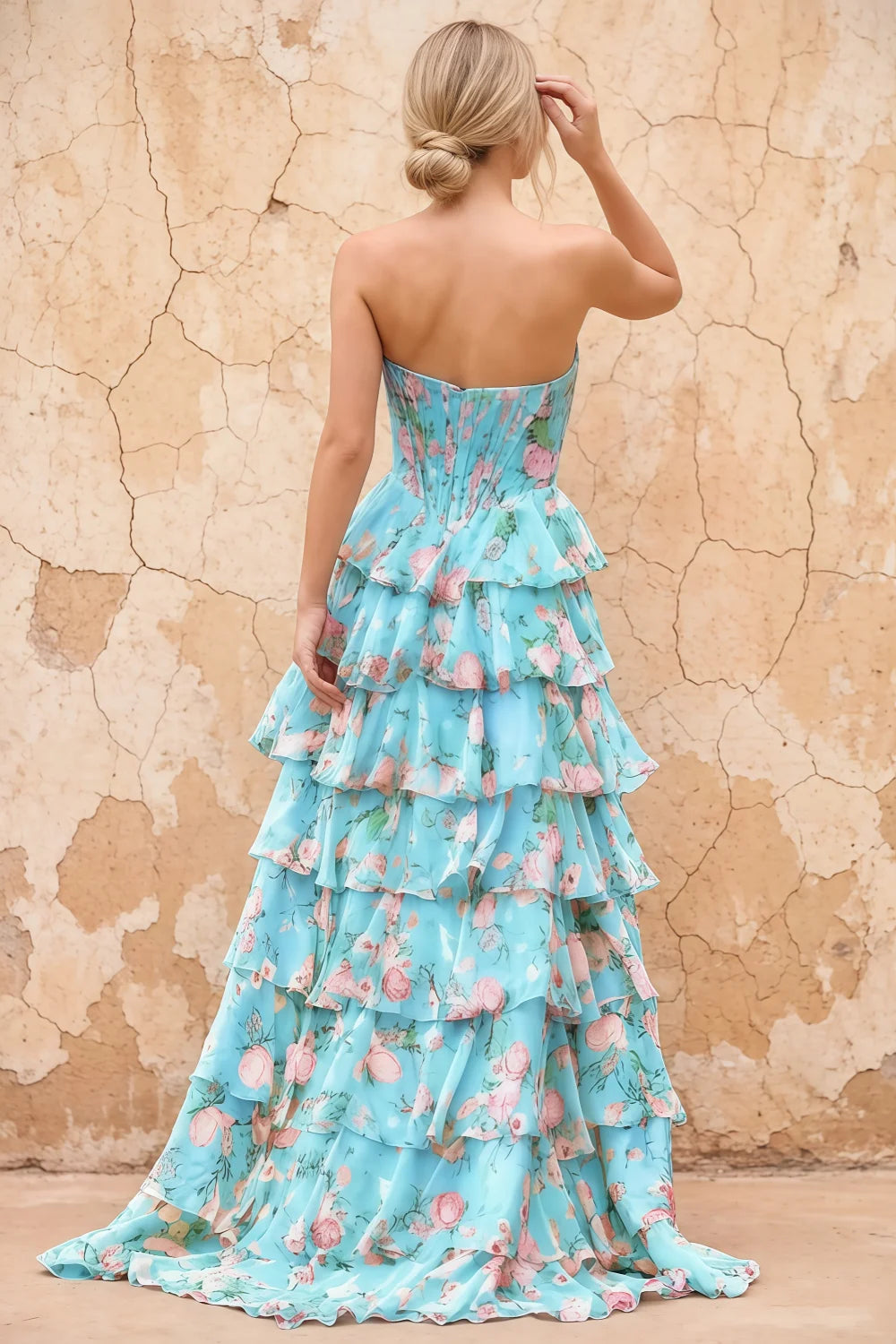 Joyce Blue Floral Print Rhinestone Maxi Dress