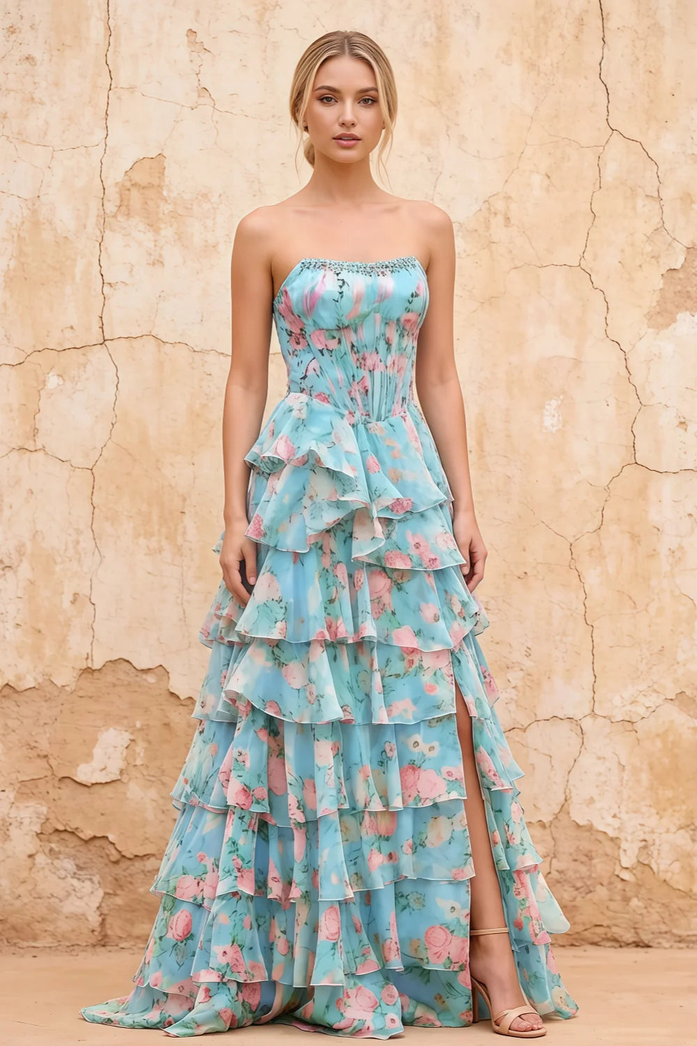 Joyce Blue Floral Print Rhinestone Maxi Dress
