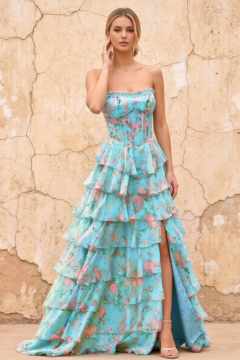 Joyce Blue Floral Print Rhinestone Maxi Dress