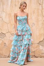 Joyce Blue Floral Print Rhinestone Maxi Dress