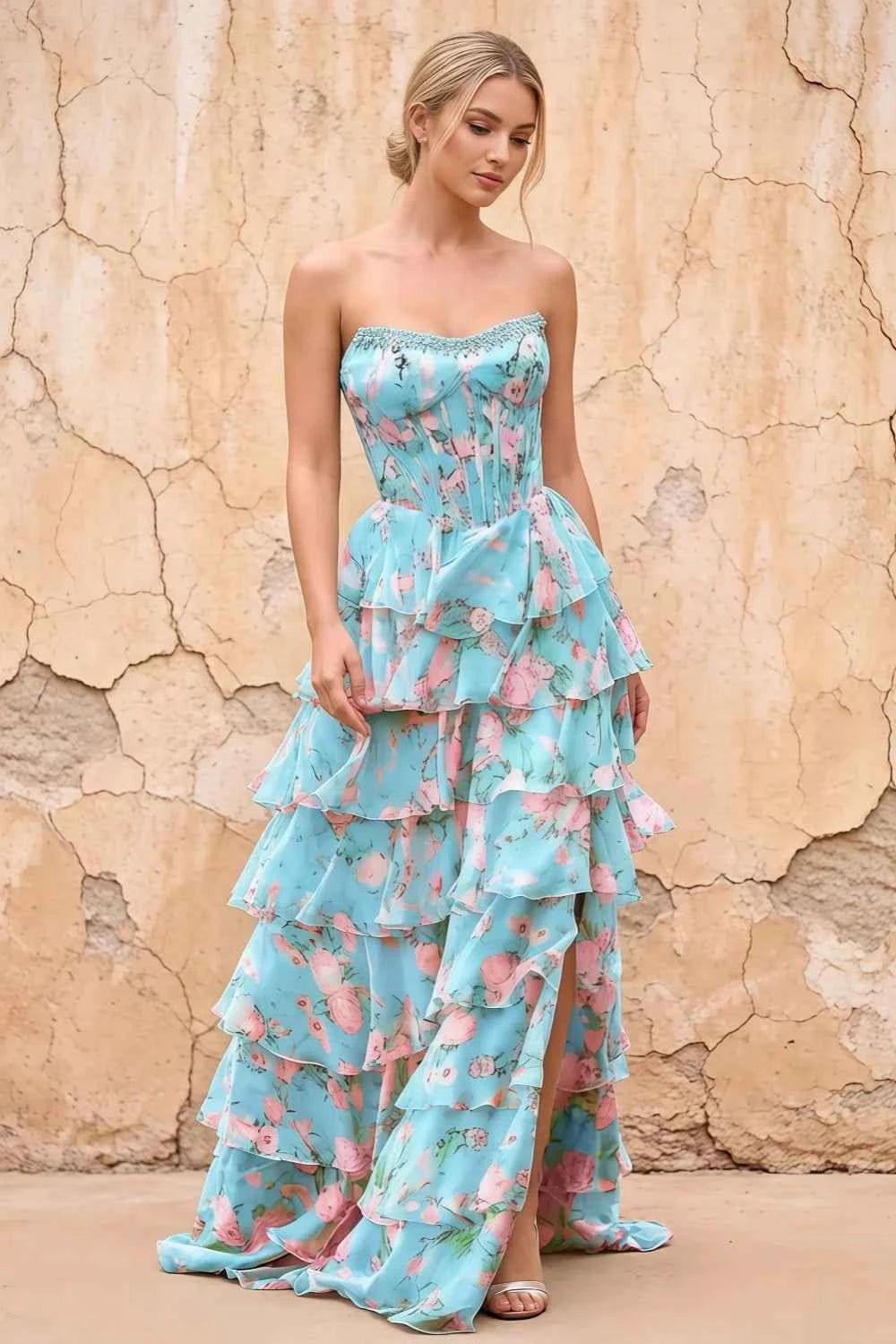 Joyce Blue Floral Print Rhinestone Maxi Dress