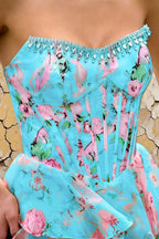 Joyce Blue Floral Print Rhinestone Maxi Dress