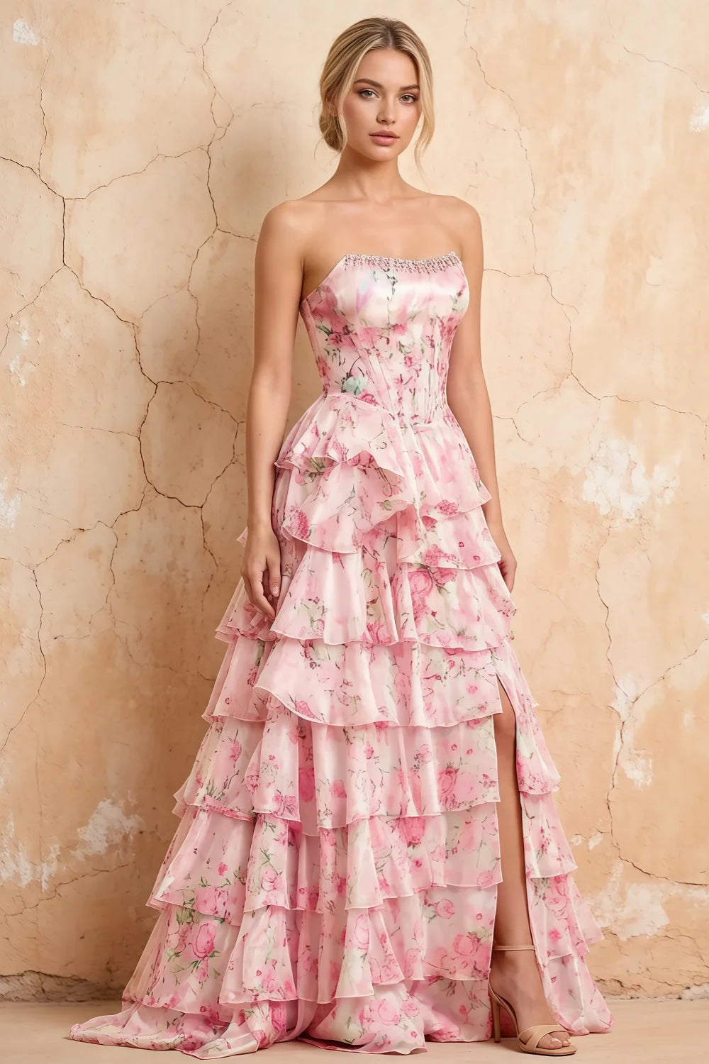 Joyce Pink Floral Print Rhinestone Maxi Dress Imagen principal del producto