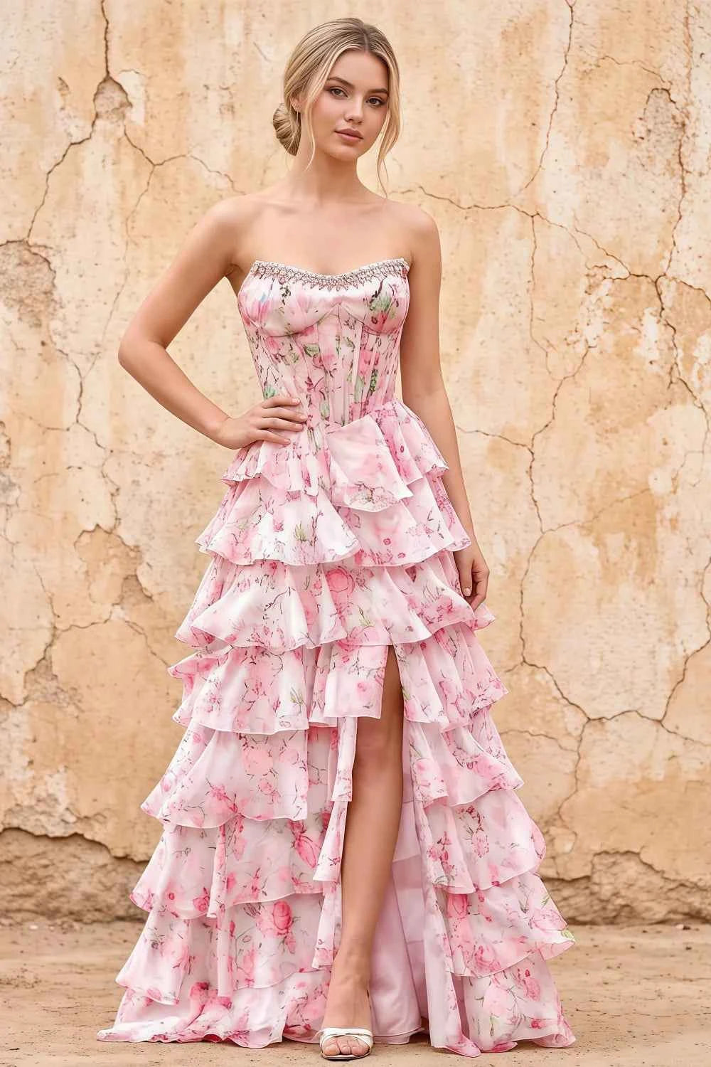 Joyce Pink Floral Print Rhinestone Maxi Dress